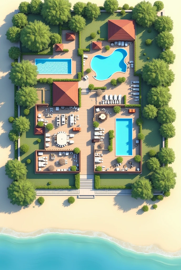 
1D floor plan of a beach hotel containing the reception area, a restaurant, The recreation space, the rooms, A SPA area, An area for people with disabilities, 3 swimming pools, Connection with green areas, That can be like an open space, The L-shaped parking lot One part in front and the rest alongside, 2 closed pits for dirty water in the green area outside the hotel