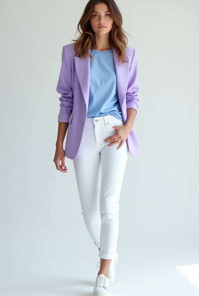 draw me outfit fashion like this: light blue t-shirt, lavender jacket, white jeans, giày sneaker trắng