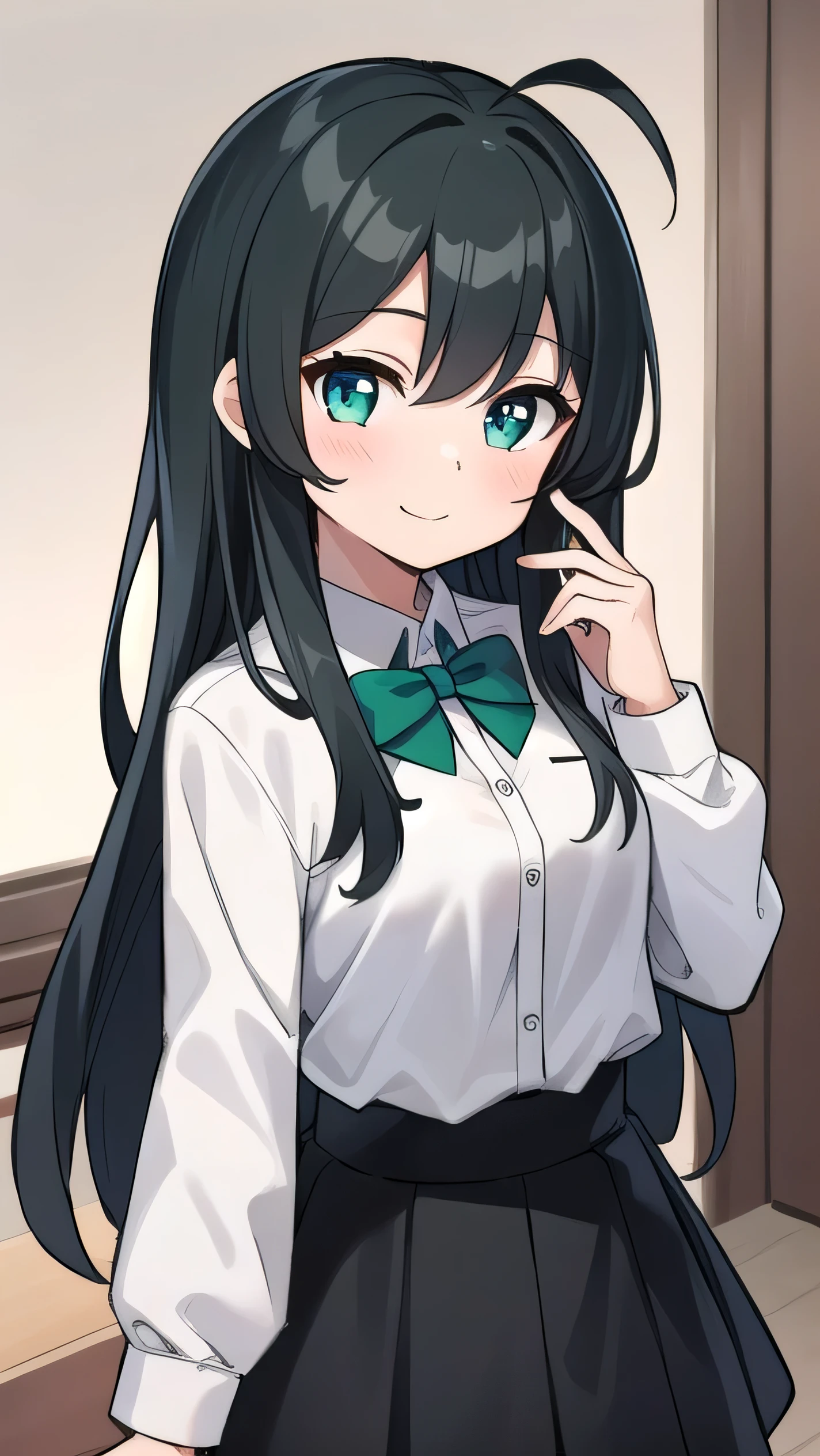 Junior high school student who looks like an elementary school student, , very short, 140 cm tall, black hair with a slight green tinge, short ahoge, beautiful long hair but with a little hair sticking out, beautiful round eyes, blue eyes, smile, boyish, long sleeves, Thick clothes, skirt, big breasts, hair longer than waist, long hair, childish face, gentle smile, a little shy, black skirt, black hair with a slight green tinge, boyish, gentle smile, jacket one size larger, ( Deep greenish black hair: 1.3)
