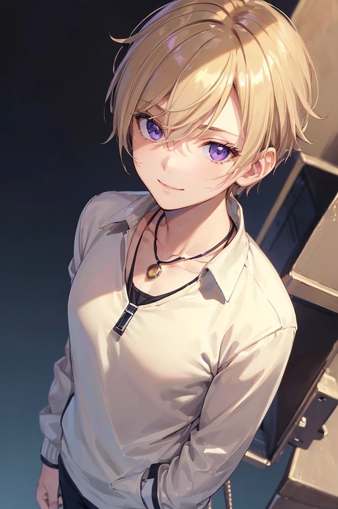 (((masterpiece; best quality: 1.2))), (finely detailed eyes: 1.3), ((1 young male man)), ((solo)), (purple eyes: 1.4), (body shape; lean, masculine, manly: 1.3), (very short blond hair: 1.3), (beautiful and clear background: 1.2), ((depth of field)), (equipment: beige jacket + black t-shirt + black watch + necklace: 1.3), (anime illustration: 1.2), (background composition; public park + day: 1.1), (extremely handsome: 1.1), (shot composition; standing + centered on face + bust close-up: 1.5), (facial expression; calm, smile: 1.2)