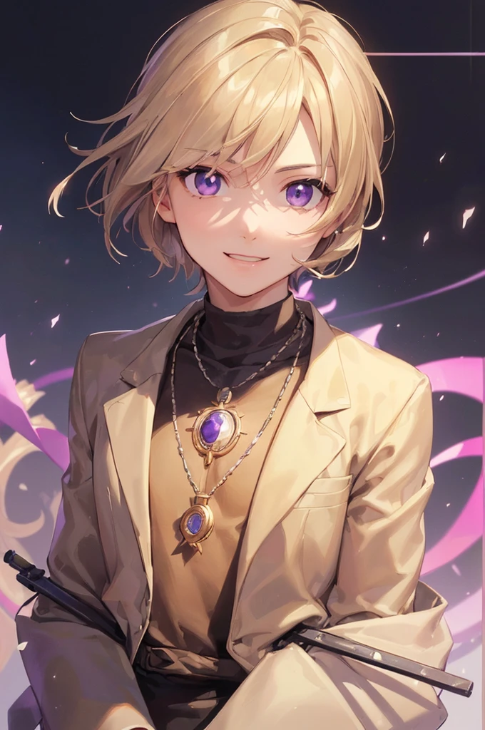 (((masterpiece; best quality: 1.2))), (finely detailed eyes: 1.3), ((1 young male man)), ((solo)), (purple eyes: 1.4), (body shape; lean, masculine, manly: 1.3), (very short blond hair: 1.3), (beautiful and clear background: 1.2), ((depth of field)), (equipment: beige jacket + black t-shirt + black watch + necklace: 1.3), (anime illustration: 1.2), (background composition; public park + day: 1.1), (extremely handsome: 1.1), (shot composition; standing + centered on face + bust close-up: 1.5), (facial expression; calm, smile: 1.2)