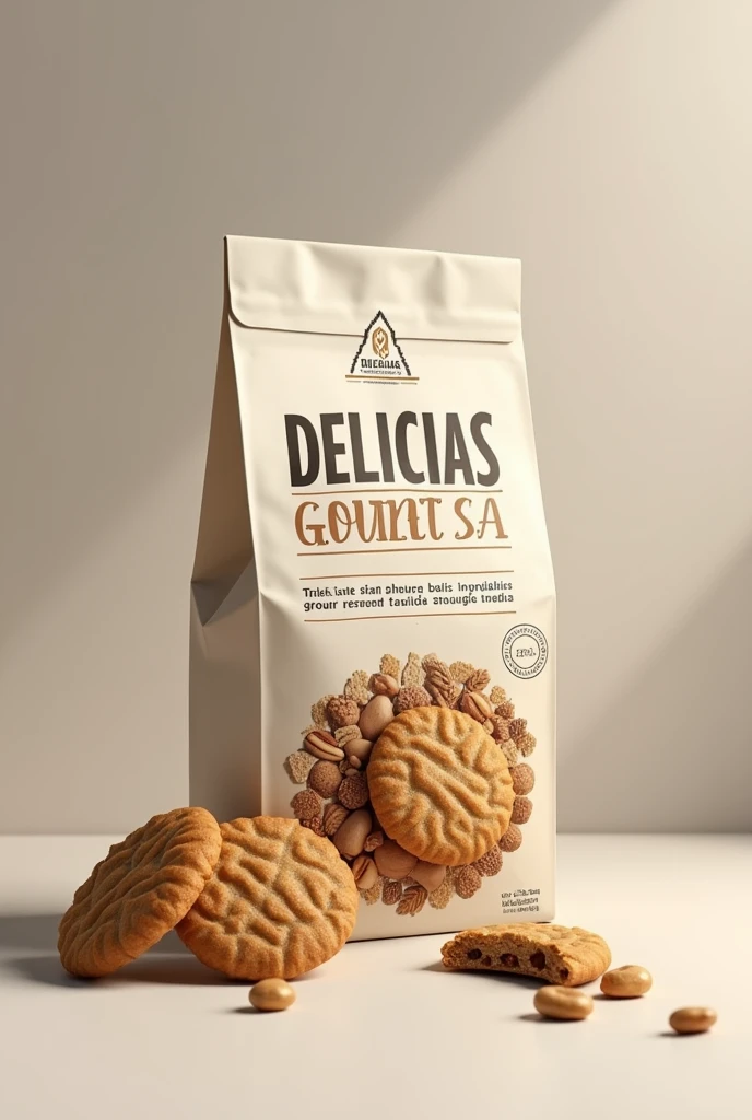(photorealism:1.2), Make a cookie packaging that has the company name and the design of the cookies.. company "DELICIAS GOURMET SA" and Whole grain nut cookies LET IT BE PRETTY. LET IT BE SEEN FROM BOTH SIDE

