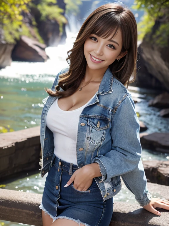 Highest quality, masterpiece, Ultra-high resolution, (Realistic:1.4), Beautiful woman, Clear grey V-neck shirt, G-string, , ((Denim jacket)), Center of chest, Tight waist, Glowing Skin, 魅惑的なsmile, Bokeh, smile, pubic hair, thick pubic hair, long pubic hair, Denim mini skirt, Brown Hair、Waterfall on the background of the canyon、