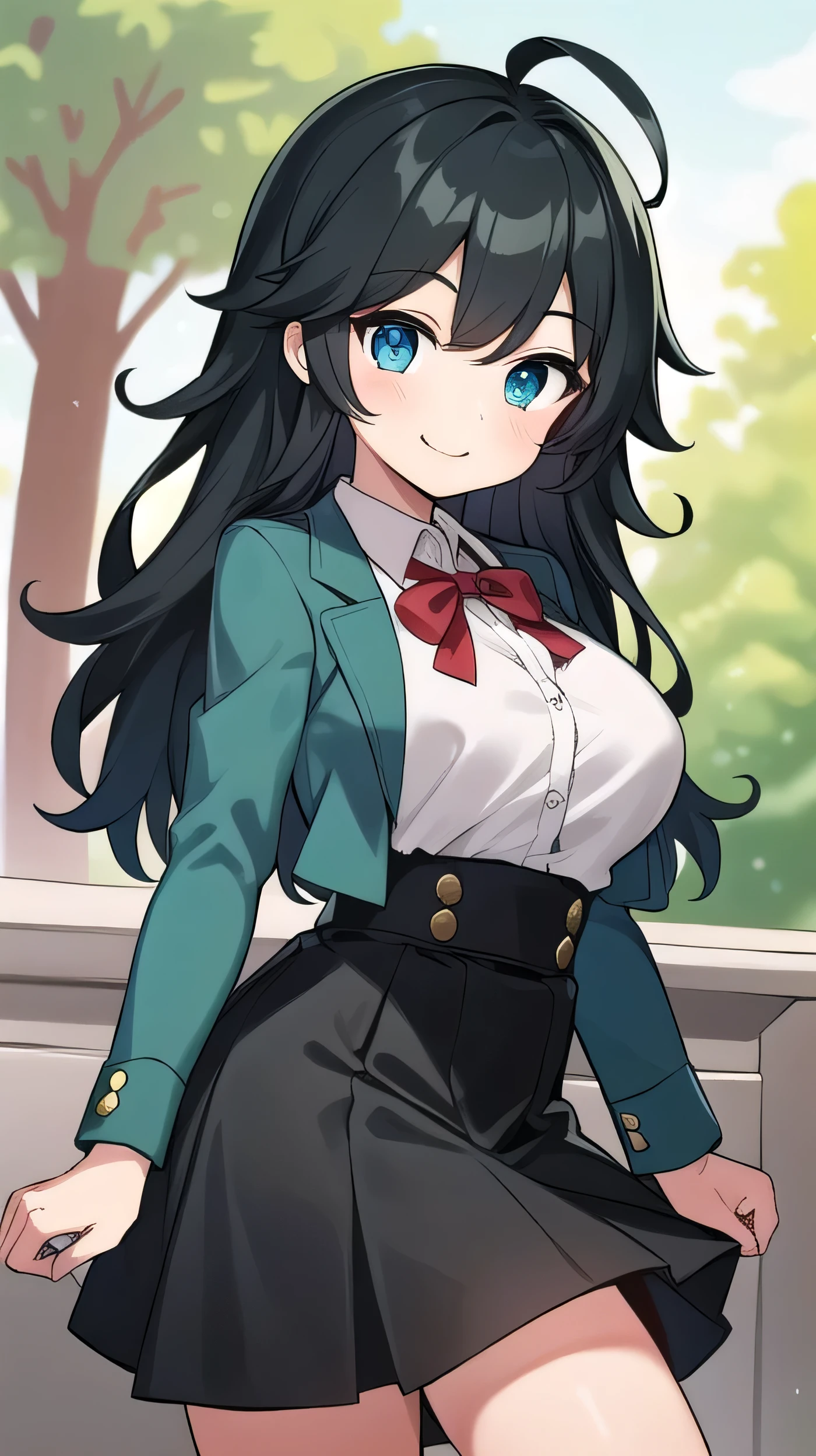 Junior high school student who looks like an elementary school student, , very short, 140 cm tall, black hair with a slight green tinge, short ahoge, beautiful long hair but with a little hair sticking out, beautiful round eyes, blue eyes, smile, boyish, long sleeves, Thick clothes, skirt, big breasts, hair longer than waist, long hair, childish face, gentle smile, a little shy, black skirt, black hair with a slight green tinge, boyish, gentle smile, jacket one size larger, ( Deep greenish black hair: 1.3)