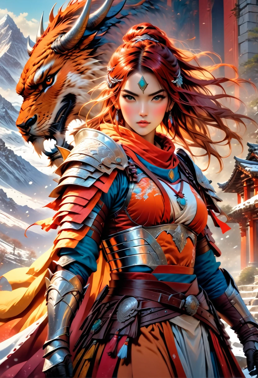 a fantasy art illustration of a  female giant knight armed with a mighty axe standing at the temple gates built on snowy mountain, (((she is as tall as the mountain: 1.3))) a wild beautiful, exotic beautiful giant knight, ((anatomically correct: 1.5), (ultra detailed face: 1.2), best detailed face, dynamic hair color, dynamic hair style, armed with a giant axe, shiny axe, its blade reflects the sunlight, studded with gems, wearing metal armor, dynamic armor color, wearing high heeled boots, standing near a fantasy temple, magnificent temple, with a tower, on snowy mountain (((she is as tall as the mountain:1.3))), vibrant, Hyperrealism style, vibrant, Ultra-high resolution, High Contrast, (masterpiece:1.5), highest quality, Best aesthetics), best details, best quality, highres, ultra wide angle, 16k, [ultra detailed], masterpiece, best quality, (extremely detailed) RAW, rpg portrait