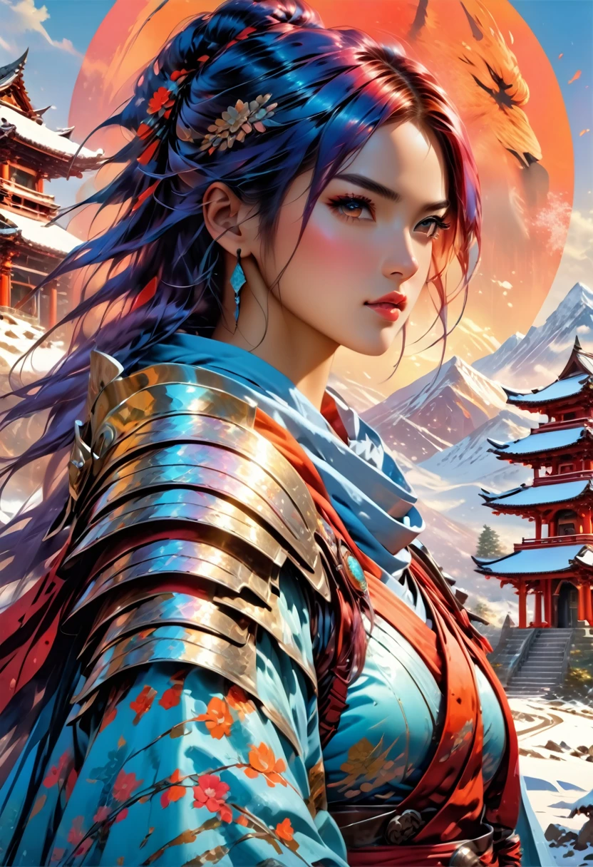 a fantasy art illustration of a  female giant knight armed with a mighty axe standing at the temple gates built on snowy mountain, (((she is as tall as the mountain: 1.3))) a wild beautiful, exotic beautiful giant knight, ((anatomically correct: 1.5), (ultra detailed face: 1.2), best detailed face, dynamic hair color, dynamic hair style, armed with a giant axe, shiny axe, its blade reflects the sunlight, studded with gems, wearing metal armor, dynamic armor color, wearing high heeled boots, standing near a fantasy temple, magnificent temple, with a tower, on snowy mountain (((she is as tall as the mountain:1.3))), vibrant, Hyperrealism style, vibrant, Ultra-high resolution, High Contrast, (masterpiece:1.5), highest quality, Best aesthetics), best details, best quality, highres, ultra wide angle, 16k, [ultra detailed], masterpiece, best quality, (extremely detailed) RAW, rpg portrait