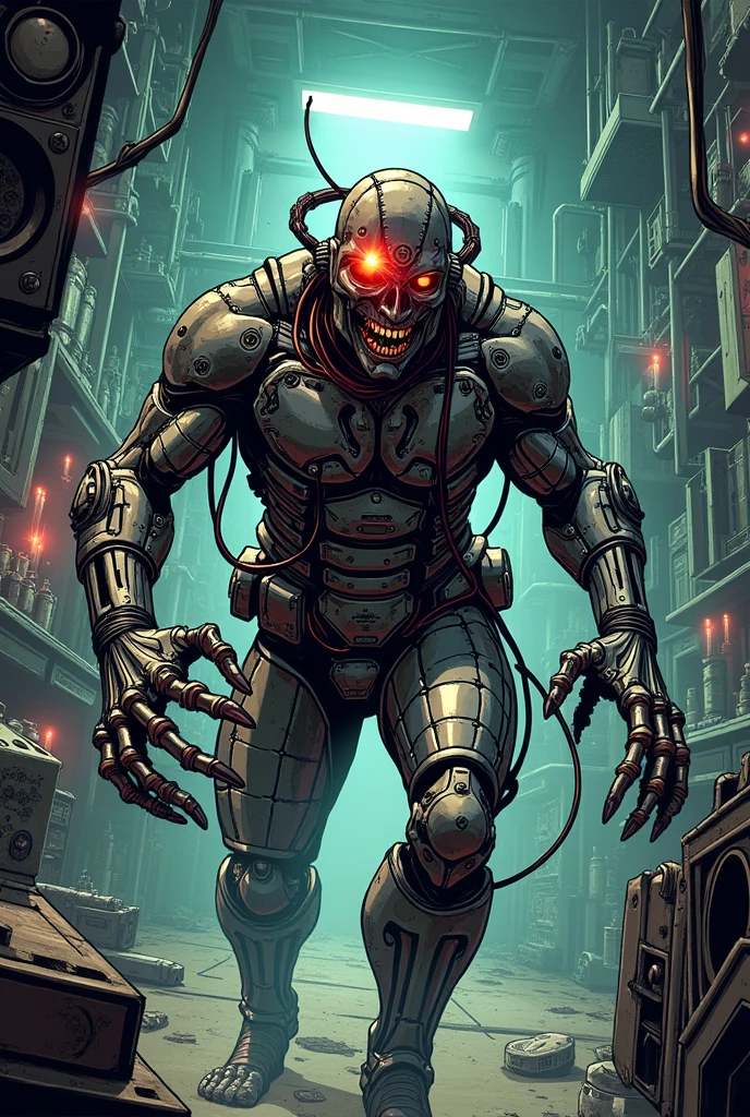 A comic book-style illustration of Ferrum Domnus, the Mad Scientist. He is depicted as a semi-mechanical being with parts of his flesh fused to advanced metals. His torso is a grotesque blend of human skin and metallic plates, with exposed cables and wires running through his body. His face is partially covered by a metallic mask that replaces one eye and part of his jaw, with a glowing red mechanical eye that contrasts sharply with his manic expression. His hands are long, skeletal, and end in sharp metallic claws, ideal for precise manipulation and brutal attacks. He wears a tightly fitted metallic suit covered in gears and mechanisms, emitting lights and vibrations, as if he is in a constant state of modification. The background should hint at a chaotic laboratory, filled with mechanical devices, half-finished experiments, and an eerie atmosphere of technological madness.