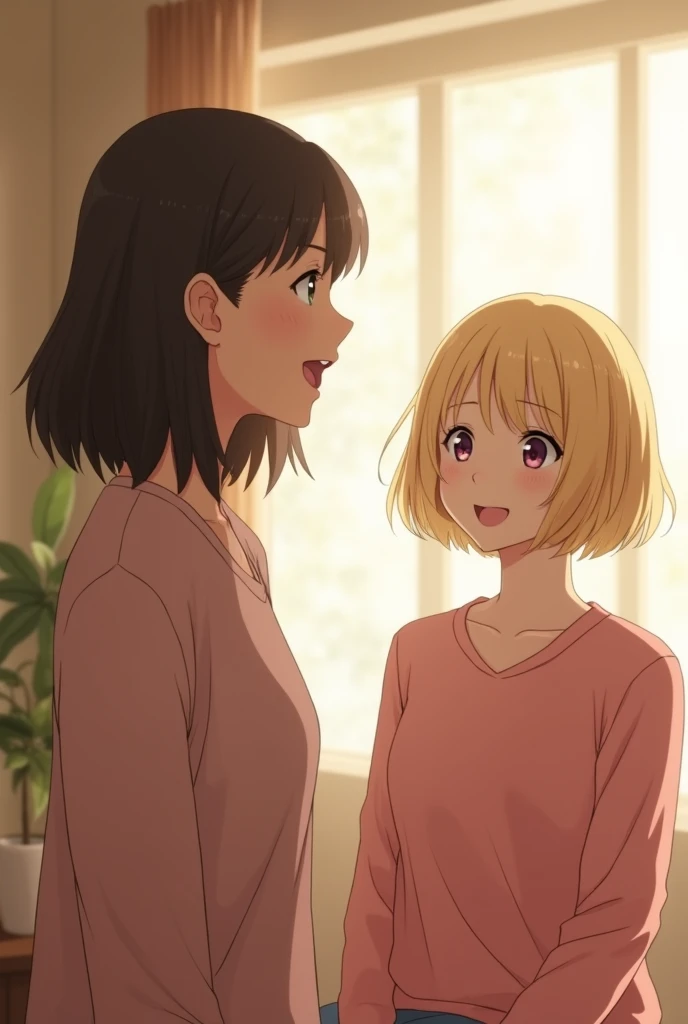 In the real world, an 18-year-old Japanese woman、I am taking singing lessons from a 30-year-old Japanese woman.。Both of them have low noses、The chin is short、Long sleeve blouse and small chest。The 18-year-old girl has dark brown hair with bangs.、Standing facing the screen and singing with your mouth wide open。The 30-year-old woman has short curly blonde hair and is wearing pink clothing.、He's sitting and facing away so I can't see his face。They're both smiling and looking very happy。The room is bright and bright.、The wall color is champagne gold。There is about a meter between them。It's a photo of a real person.。