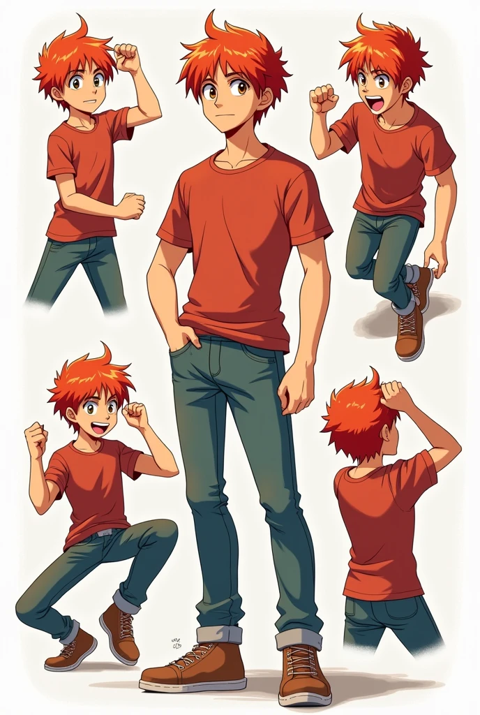 Young redhead 20 year old man in different anime style poses 
