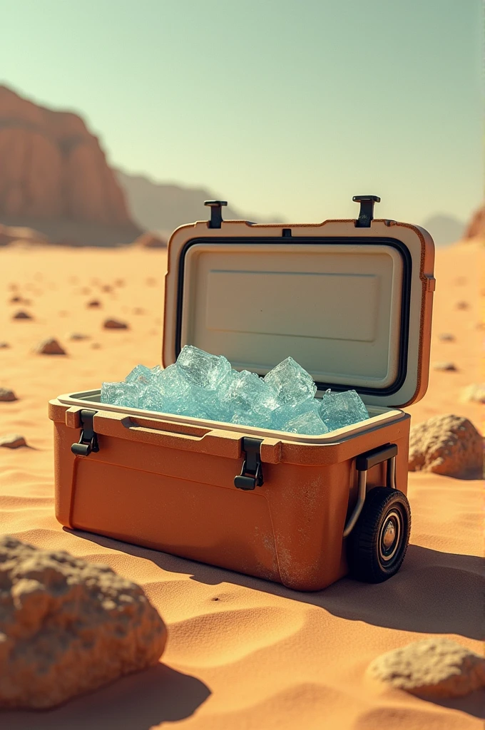 A cooler in the middle of the desert with ice cubes ,funk cds and cassettes inside the cooler