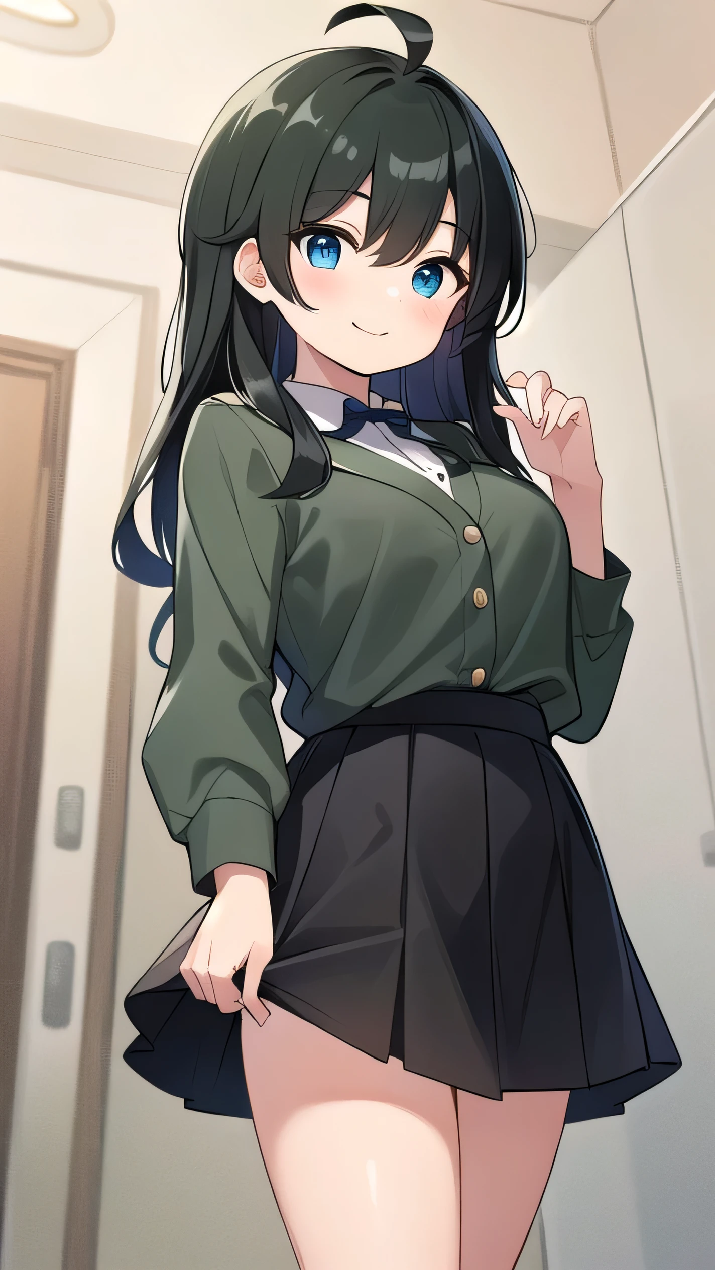 Junior high school student who looks like an elementary school student, , very short, 140 cm tall, black hair with a slight green tinge, short ahoge, beautiful long hair but with a little hair sticking out, beautiful round eyes, blue eyes, smile, boyish, long sleeves, Thick clothes, skirt, big breasts, hair longer than waist, long hair, childish face, gentle smile, a little shy, black skirt, black hair with a slight green tinge, boyish, gentle smile, jacket one size larger, ( Deep greenish black hair: 1.3)