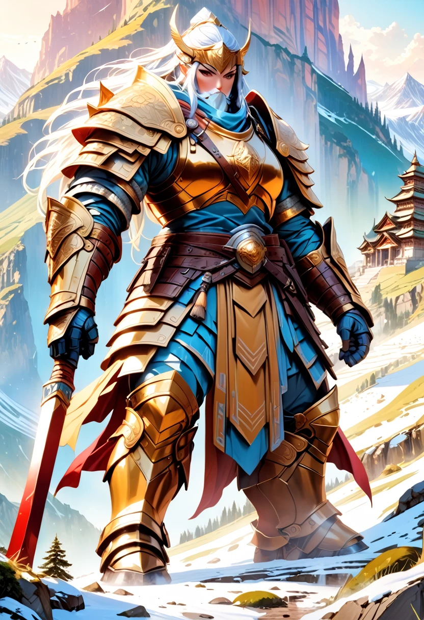 a fantasy art illustration of a female giant knight armed with a mighty axe standing at the temple gates built on snowy mountain, (((she is as tall as the mountain: 1.3))) a wild beautiful, exotic beautiful giant knight, ((anatomically correct: 1.5), (ultra detailed face: 1.2), best detailed face, dynamic hair color, dynamic hair style, armed with a giant axe, shiny axe, its blade reflects the sunlight, studded with gems, wearing metal armor, dynamic armor color, wearing high heeled boots, standing near a fantasy temple, magnificent temple, with a tower, on snowy mountain (((she is as tall as the mountain:1.3))), vibrant, Hyperrealism style, vibrant, Ultra-high resolution, High Contrast, (masterpiece:1.5), highest quality, Best aesthetics), best details, best quality, highres, ultra wide angle, 16k, [ultra detailed], masterpiece, best quality, (extremely detailed) RAW, rpg portrait