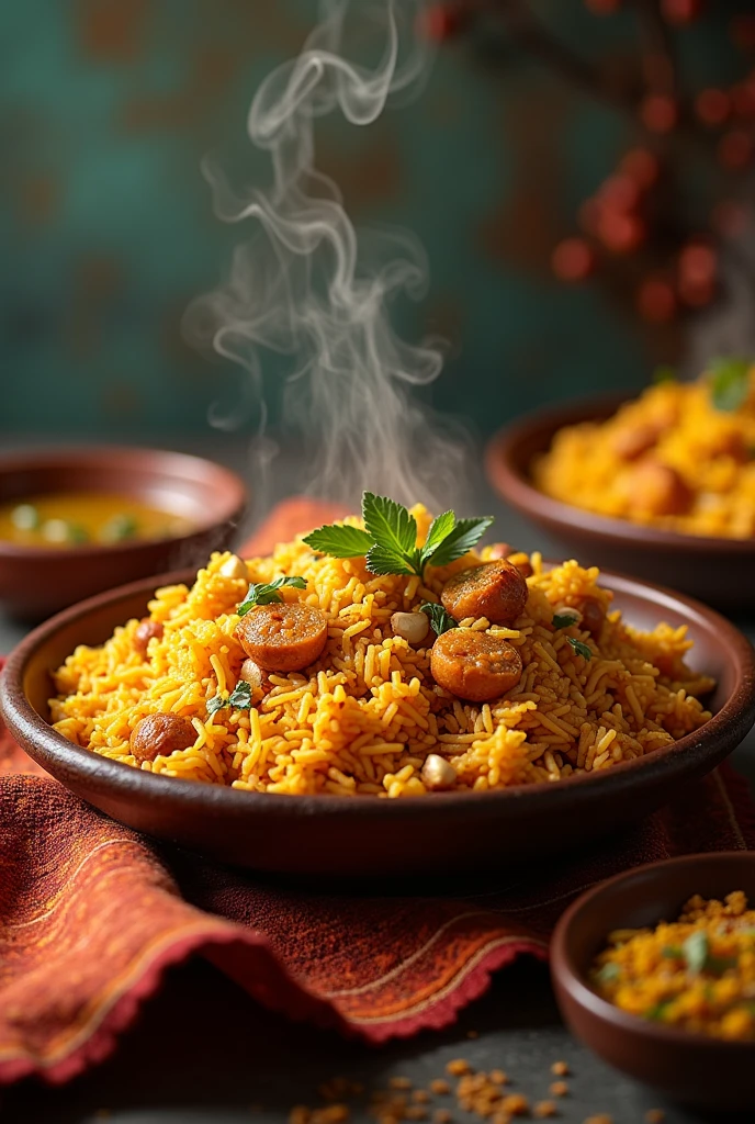 Make a poster with Indian biriyani as a background and it should look aesthetic and yummy . Make it landscape too