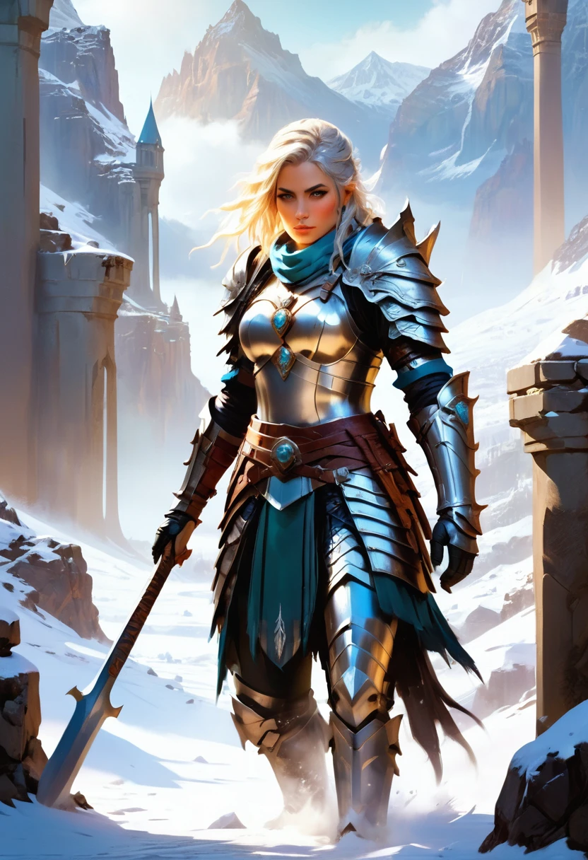 a fantasy art illustration of a female giant knight armed with a mighty axe standing at the temple gates built on snowy mountain, (((she is as tall as the mountain: 1.3))) a wild beautiful, exotic beautiful giant knight, ((anatomically correct: 1.5), (ultra detailed face: 1.2), best detailed face, dynamic hair color, dynamic hair style, armed with a giant axe, shiny axe, its blade reflects the sunlight, studded with gems, wearing metal armor, dynamic armor color, wearing high heeled boots, standing near a fantasy temple, magnificent temple, with a tower, on snowy mountain (((she is as tall as the mountain:1.3))), vibrant, Hyperrealism style, vibrant, Ultra-high resolution, High Contrast, (masterpiece:1.5), highest quality, Best aesthetics), best details, best quality, highres, ultra wide angle, 16k, [ultra detailed], masterpiece, best quality, (extremely detailed) RAW, rpg portrait