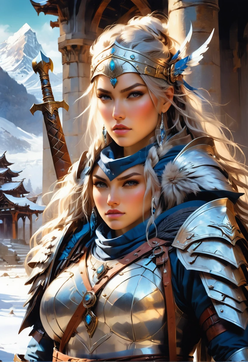 a fantasy art illustration of a female giant knight armed with a mighty axe standing at the temple gates built on snowy mountain, (((she is as tall as the mountain: 1.3))) a wild beautiful, exotic beautiful giant knight, ((anatomically correct: 1.5), (ultra detailed face: 1.2), best detailed face, dynamic hair color, dynamic hair style, armed with a giant axe, shiny axe, its blade reflects the sunlight, studded with gems, wearing metal armor, dynamic armor color, wearing high heeled boots, standing near a fantasy temple, magnificent temple, with a tower, on snowy mountain (((she is as tall as the mountain:1.3))), vibrant, Hyperrealism style, vibrant, Ultra-high resolution, High Contrast, (masterpiece:1.5), highest quality, Best aesthetics), best details, best quality, highres, ultra wide angle, 16k, [ultra detailed], masterpiece, best quality, (extremely detailed) RAW, rpg portrait