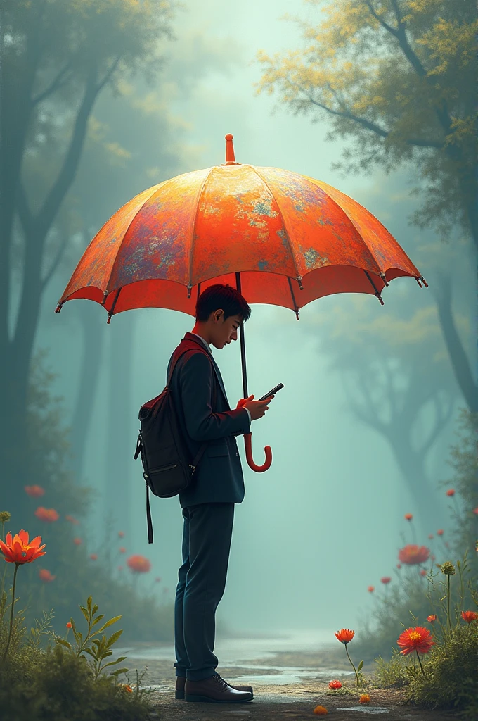 An umbrella with a person standing under it holding a mobile phone in his hand