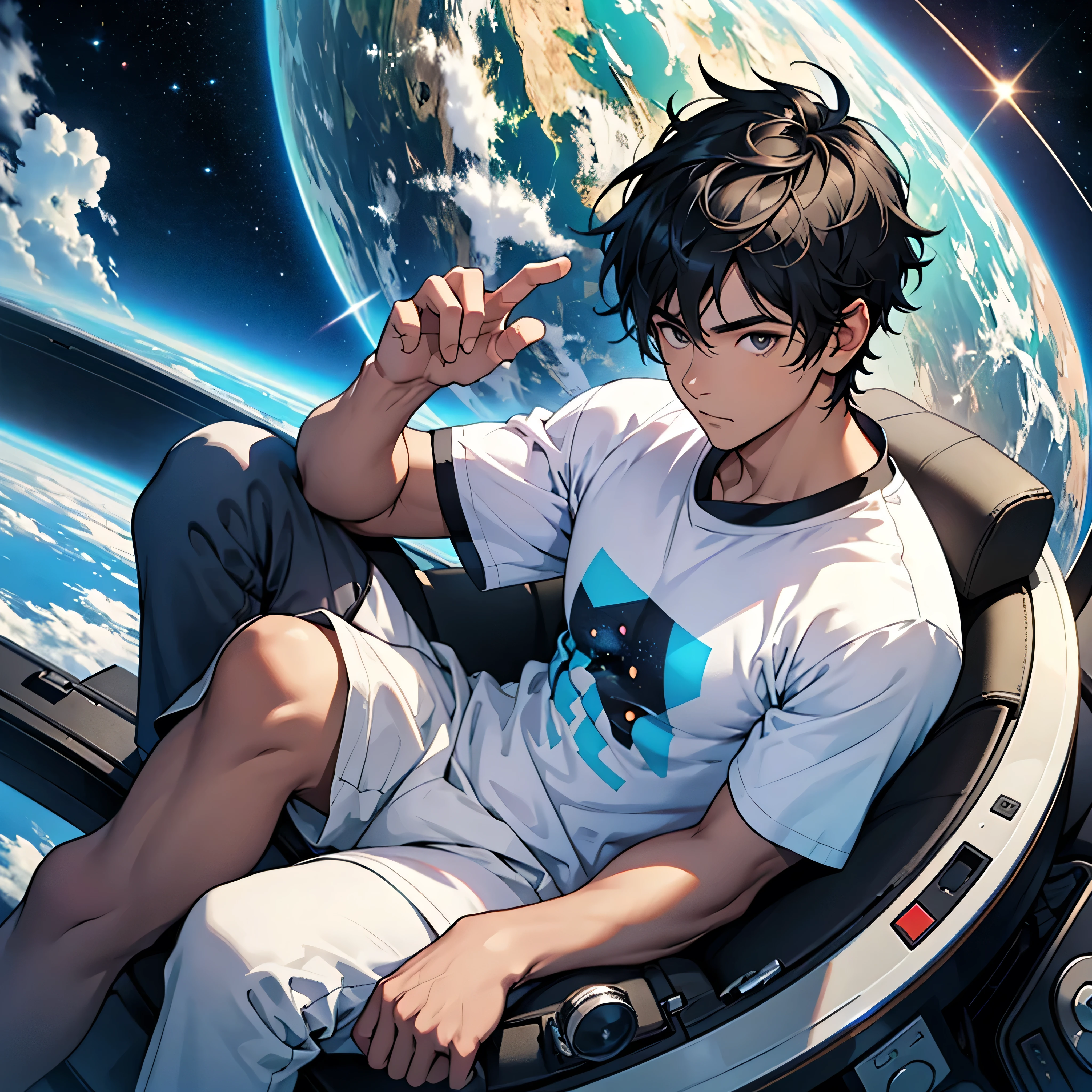 To clarify, are you asking for a prompt to generate an image of a boy sitting on a earth with yash Is his name printed on the T-shirt? On space
