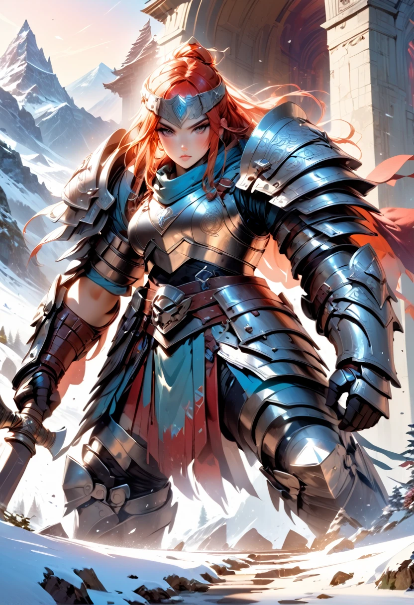 a fantasy art illustration of a female giant knight armed with a mighty axe standing at the temple gates built on snowy mountain, (((she is as tall as the mountain: 1.3))) a wild beautiful, exotic beautiful giant knight, ((anatomically correct: 1.5), (ultra detailed face: 1.2), best detailed face, dynamic hair color, dynamic hair style, armed with a giant axe, shiny axe, its blade reflects the sunlight, studded with gems, wearing metal armor, dynamic armor color, wearing high heeled boots, standing near a fantasy temple, magnificent temple, with a tower, on snowy mountain (((she is as tall as the mountain:1.3))), vibrant, Hyperrealism style, vibrant, Ultra-high resolution, High Contrast, (masterpiece:1.5), highest quality, Best aesthetics), best details, best quality, highres, ultra wide angle, 16k, [ultra detailed], masterpiece, best quality, (extremely detailed) RAW, rpg portrait