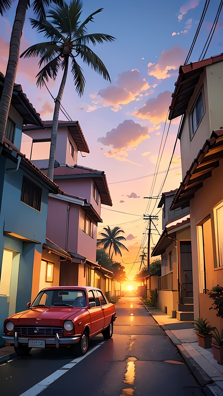 Digital illustration depicting a vibrant sunset scene in a tropical setting. The layout features a street lined with palm trees and small houses with tiled roofs on the left side. A classic red car is parked on the street, facing away from the viewer, with its license plate visible. The sky is ablaze with shades of orange, red, and purple, casting a warm glow over the entire scene. Power lines stretch across the sky, The overall atmosphere is serene and nostalgic, capturing the beauty of a tropical sunset. The artist's signature is present in the bottom right corner.