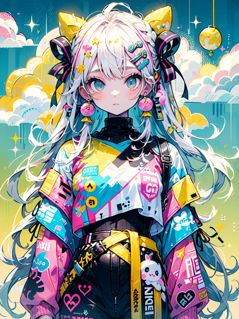 "kawaii, Cute, Adorable girl in pink, yellow, and blue color scheme. She wears sky-themed clothing with clouds and sky motifs. Her outfit is fluffy and soft, With decora accessories like hair clips. She embodies a vibrant and trendy Harajuku fashion style."