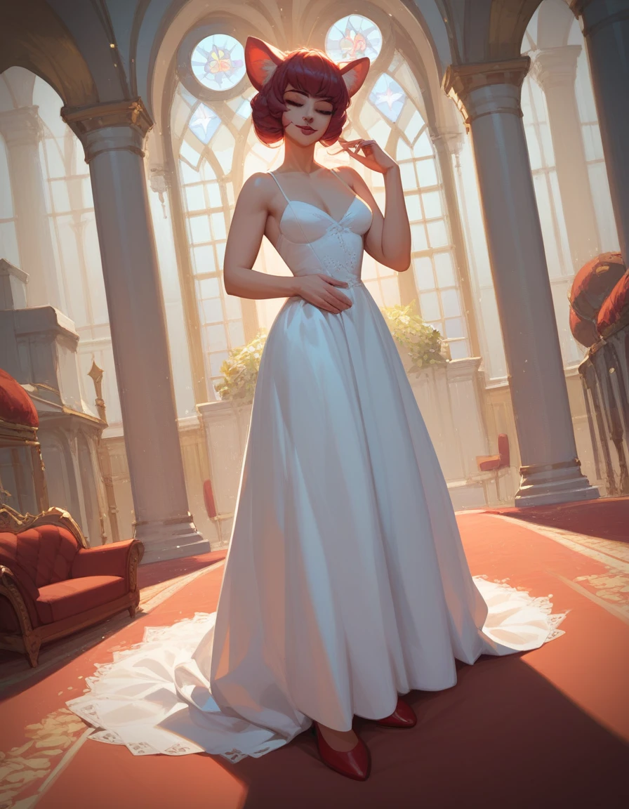 1 girl, Furina, sleeping white dress, standing in hall way(Red carpet fancy architecture), looking at up viewer, cocky smirk, 8k, masterpiece, night, best quality, detailed eyes, (SuperQuality:1.0) ~ (SuperQuality:1.2)