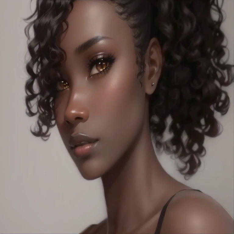close up of woman with curly hair and black top, dark skin. light makeup, black, dark skinned, 4k asymmetrical portrait, black, with textured hair and skin, with dark skin, swarthy complexion, light-dark skin, dark black skin tone, Dramatic lighting on the face, detailed flawless face, she has olive dark skin