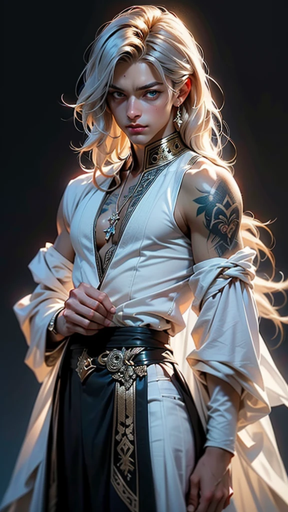8k, sophisticated, elegant, highly detailed, majestic, digital photography, surreal painting, magic, magic, fairy tale, (Masterpiece, side light), hdr, (Bright blue eyes), Naked upper body, (shiny tattoo), Handsome adult man, long beautiful straight platinum hair below the shoulders, a long neck. athletic body, beautiful proportioned male figure, tanned skin, Handsome, in front of the camera - just a masterpiece. realistic. a full-length image. Long hair below the shoulders. grey clothes. He holds a large silver sword in his hands. a well-proportioned male body
(Glossy зима ornaments),Высокое разрешение,Острый фокус,(Ультра подробный,чрезвычайно подробный),(фотореалистичная работа:1.37),(чрезвычайно подробный CG unity 8k wallpaper),(((яркие цвета,яркая тема))),(сложный),(шедевр),(Лучшее качество),художественная фотография,(фотография сделана sldr),(сложный background),идеально прорисованное лицо,идеальные детали лица,реалистичное лицо,фото реалистичный,аналоговый стиль,((сложный detail)),(((реализм))),