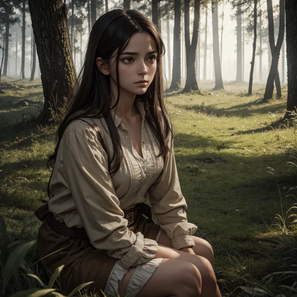 "A medieval-inspired female character named Liora, with a youthful appearance that makes her look like she's in her late teens, though she's actually 30 years old. She has a bright and lively demeanor, but in this scene, her expression is one of deep confusion and anxiety. Her face is more androgynous, closer to a boyish look, with soft, youthful features. Her hair is short and practical, in a natural color like brown or black. Liora has a slender build with a small bust and shorter stature. She is wearing a practical outfit resembling the attire of a countryside boy—shorts and a simple shirt or tunic in a natural, earthy color palette. In this scene, Liora is sitting up in a bed of grass, her eyes wide with panic as she frantically looks around her dark surroundings. The forest in the background is shadowy and ominous, creating a sense of despair and isolation, with dim lighting to heighten the sense of uncertainty and fear."