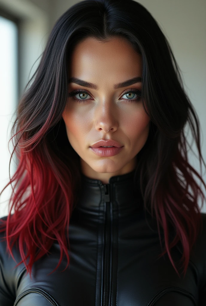 (photorealism:1.2), lexa doig as Rommie, black and Red hair, pout, neutral facial expression, frontal view, standing streight, high resolution, highly detailled,