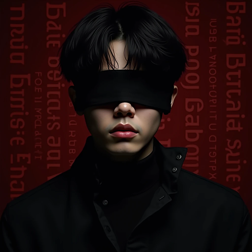 (photorealism:1.2),A Young Men A young Men with a Korean-like hairstyle with a cloth over his eyes and his background being Text The Blood Like a Name 'Sotero Gaming, dark red 8k Realistic