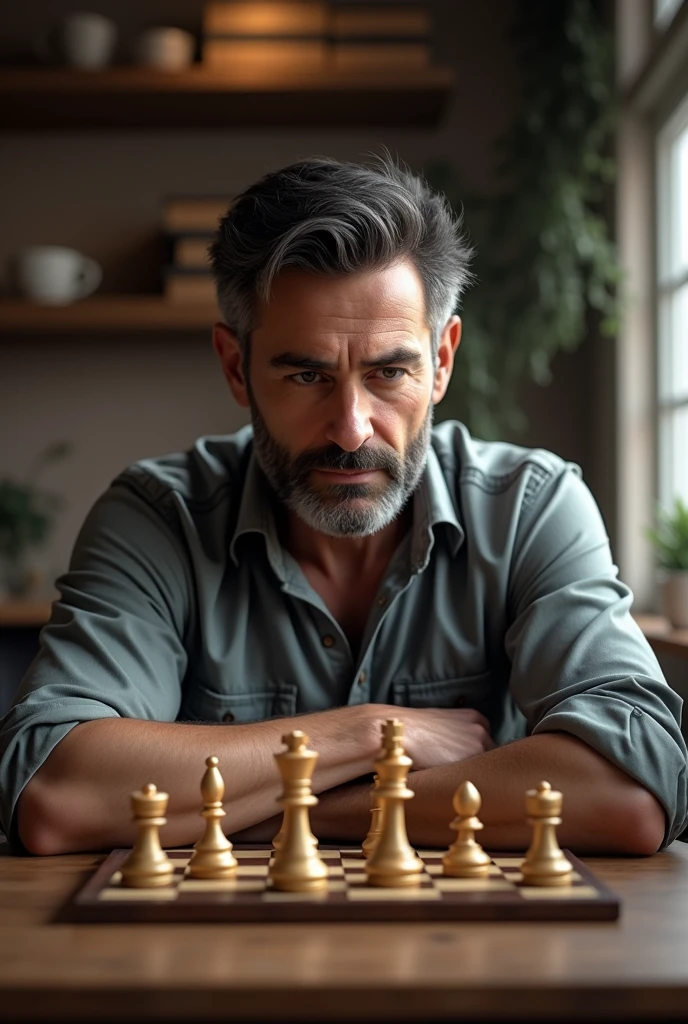 Adult man short hair, short closed beard playing chess 