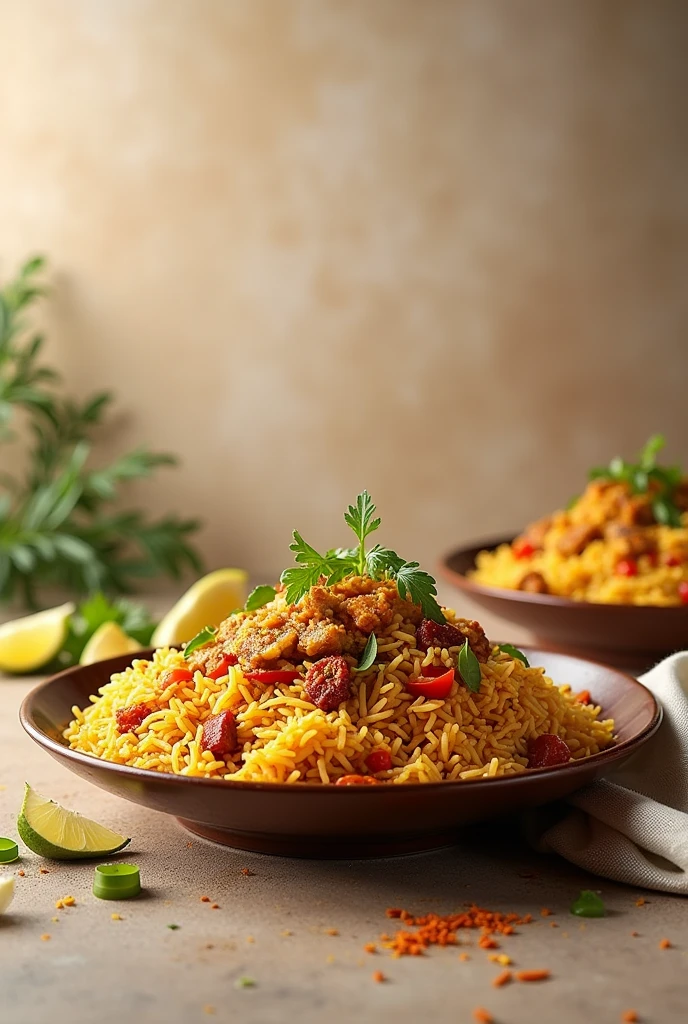 Make a poster with Indian biriyani as a background and it should look aesthetic and yummy . Make it landscape and not portrait fit