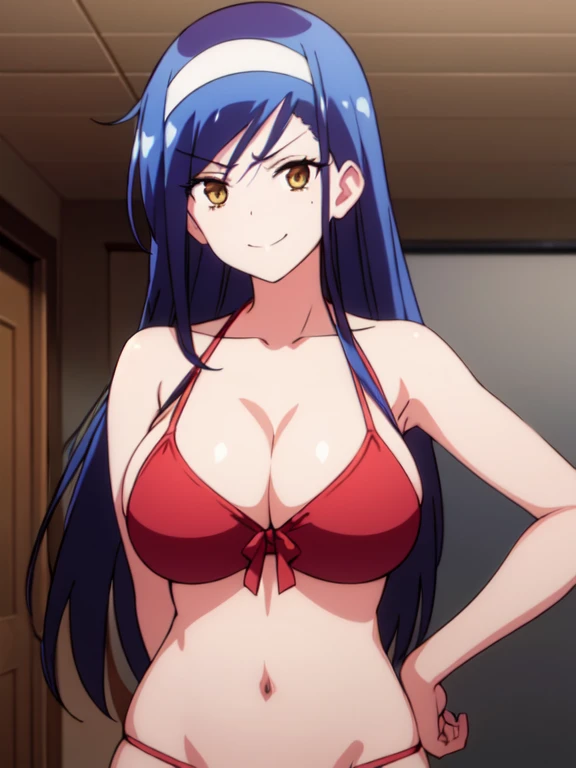 masterpiece, best quality, large breasts, 1girl, solo, arrogant face, looking at viewer, front, big breasts, front, cleavage, both hands on hips, evil smile, breast focus, smirk, height 145cm, red bikini, fumino furuhashi