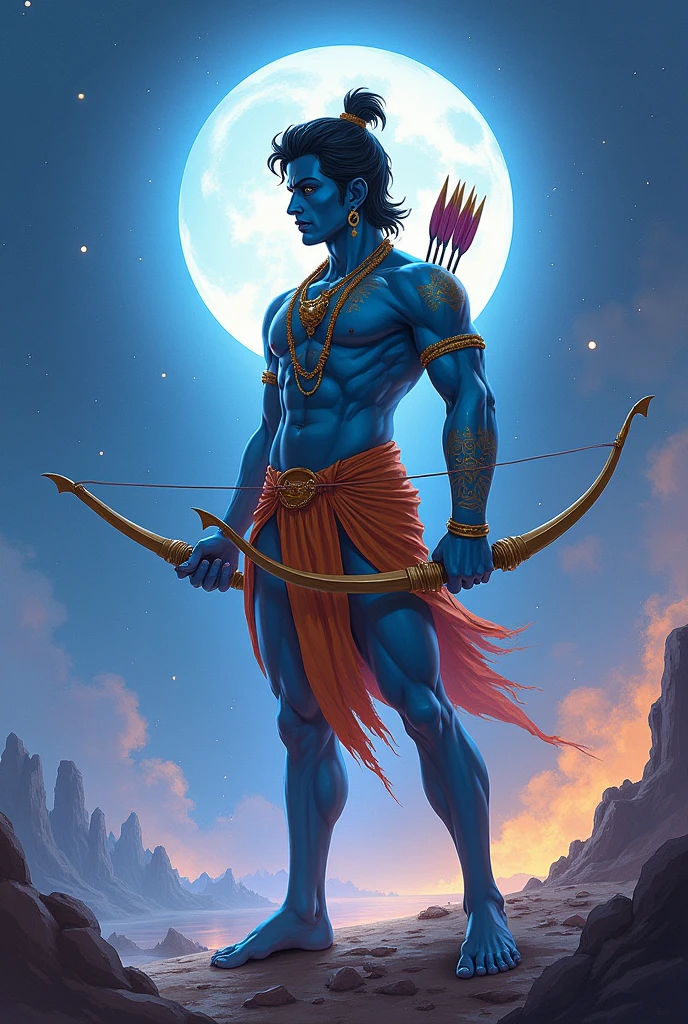 Bhagvan  shree ram ji ,fit blue color body,small black hair , in planet,one hand bow and arrow sky war, background God  light