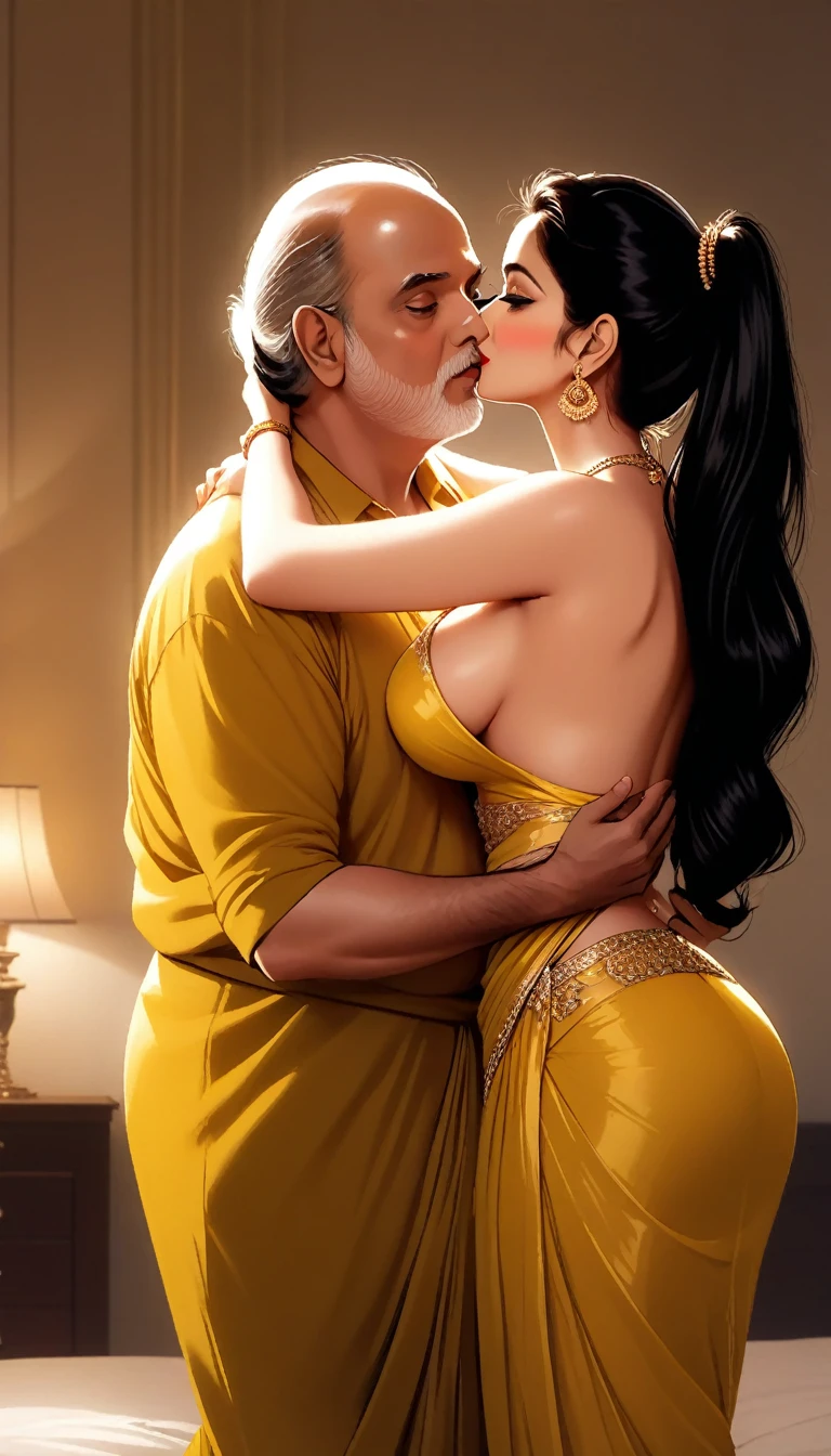 Renowned Indian actress Sridevi Kapoor, 28 years old, wearing a provocative yellow saree, deep french kissing an ugly bald old man on bed, embracing each other, big ass, braless, backless, tassel earrings, long hair ponytail, saggy breasts, photorealistic, highly detailed, cinematic lighting, dramatic pose, sensual, erotic, masterpiece