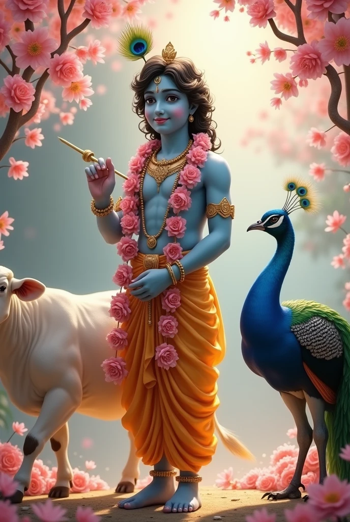 Lord Krishna stands gracefully, smiling serenely, with a flute held gently in one hand. He is adorned with a light pink rose garland that enhances his divine charm. To his left, a gentle cow stands, while to his right, a majestic peacock adds a touch of elegance. Krishna’s attire, often in shades of blue or gold, complements the soft hues of the rose garland. The overall scene is one of tranquility and harmony, capturing Krishna's serene and joyful presence amid his beloved companions.