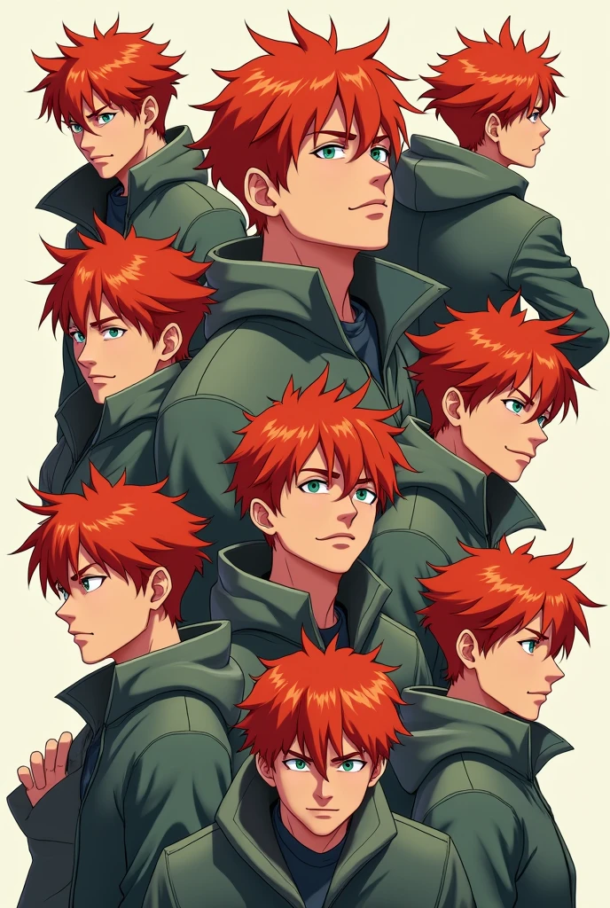 Young redhead 20 year old man in different anime style poses 