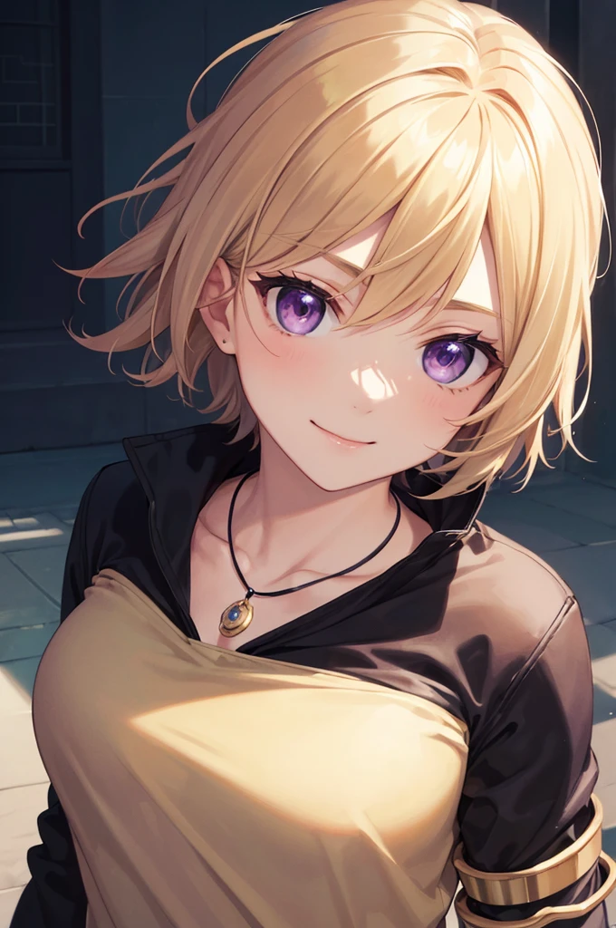 (((masterpiece; best quality: 1.2))), (finely detailed eyes: 1.3), ((1 young male man)), ((solo)), (purple eyes: 1.4), (body shape; lean, masculine, manly: 1.3), (very short blond hair: 1.3), (beautiful and clear background: 1.2), ((depth of field)), (equipment: beige jacket + black t-shirt + black watch + necklace: 1.3), (anime illustration: 1.2), (background composition; public park + day: 1.1), (extremely handsome: 1.1), (shot composition; standing + centered on face + bust close-up: 1.5), (facial expression; calm, smile: 1.2)