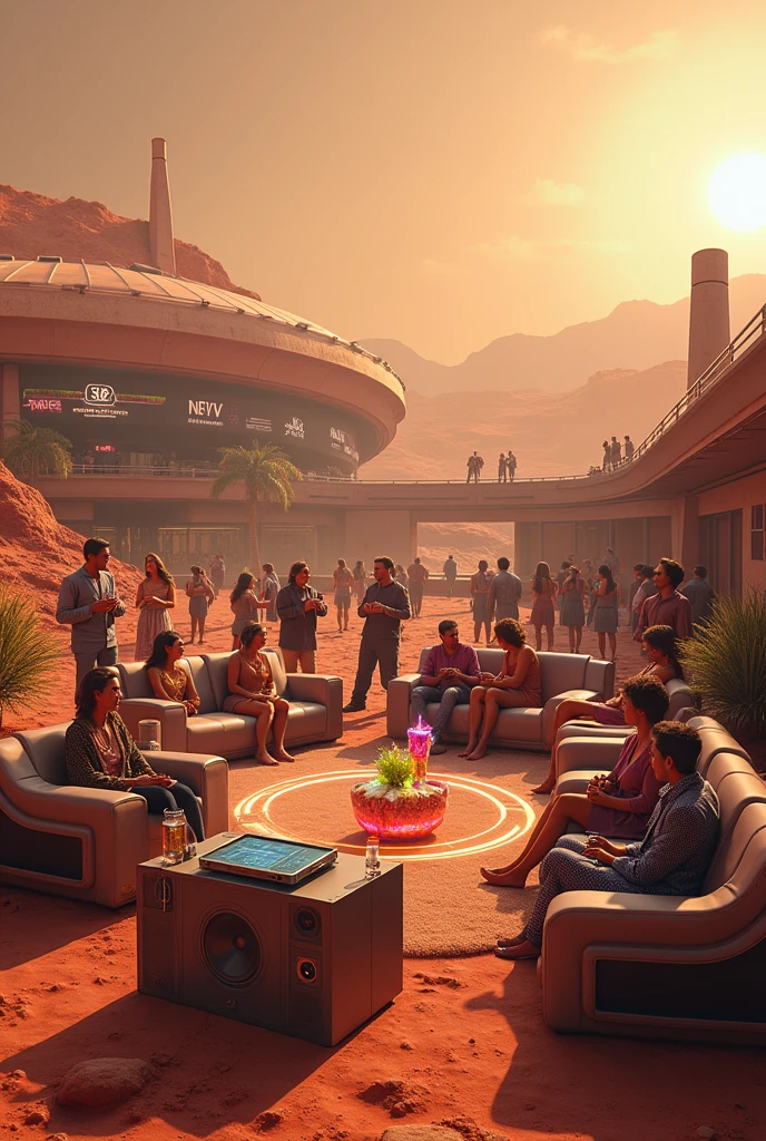 A house party on planet mars with people drinking drinks from a spring rock and some relaxing on sofas with a disc jokey on a high ground with music feature all around the picture 
