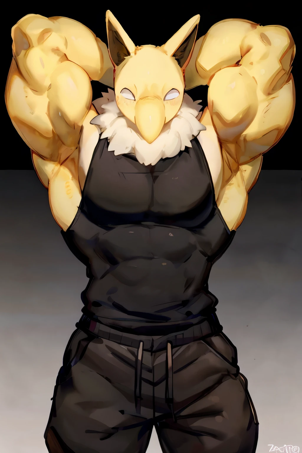 Furry, Anthro, solo, Hypno, Male, (((muscular body, massive male pectorals, yellow skin, fluffy neck, wearing white fur around neck))), ((((massive biceps, wide-eyed, head tilted)))), ((((((massive bulky torso, hands behind head, wearing black full male tanktop, wearing black sweatpants)))))), upper body, black/yellow spraypainted background, by buta99, by zackary911, by bebebebebe, (((digital painting)))