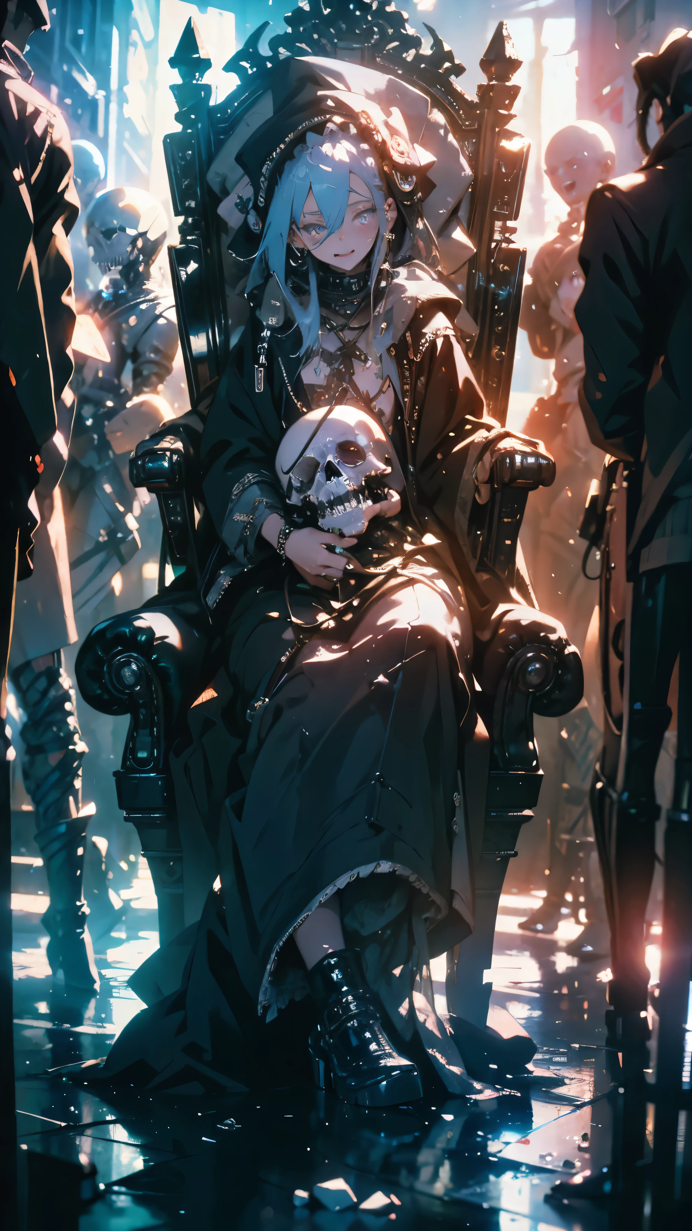 There is a woman sitting in a chair on top of a pile of corpses., Surrealism, cinematic lighting, UHD, high details, best quality, highres, 8k