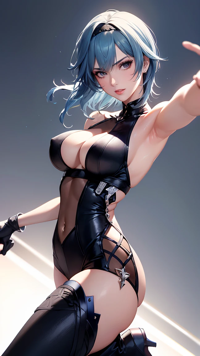 8K, Top Quality,, Ultra Detail, Ultra High Resolution, Masterpiece, selfie, selfie shot (), ((close up shot, face shot, close up shot, portrait, face shot, passport shot, very close up shot, )), (full body: 1.1), Slender, Smile, (Makeup: 0.4), ((sexy pose,)), (Fluffy blue Eyes: 1.21), (()), 1girl, solo, 1 girl, ((bangs, blue hair, bangs, , bangs )), close up shot, , ((tall)), (((fit body))), (((slim face))), sharp face, ((, wind blow hair, )),skin tight suits, ((,bare shoulder, skin tight suits,) ,skin tight suits, (detailed face), sharp face, small lips, perfect hands, ((walking pose, walk pose)) , ((, ,)), , ((cleavage, ,)),, detailed face, detailed breast,, , (()), detail ass, Narrow Waist, Skinny, tall , 175 cm tall, Muscular, Navel, Exposed Abdomen, Pointed Chest,, Beautiful girl with accentuated slender abs: 1.4, Six Pack Abs: 1.4, Bust Botox, Big, Perfect Body, detail leg, (( dark background)), black background,