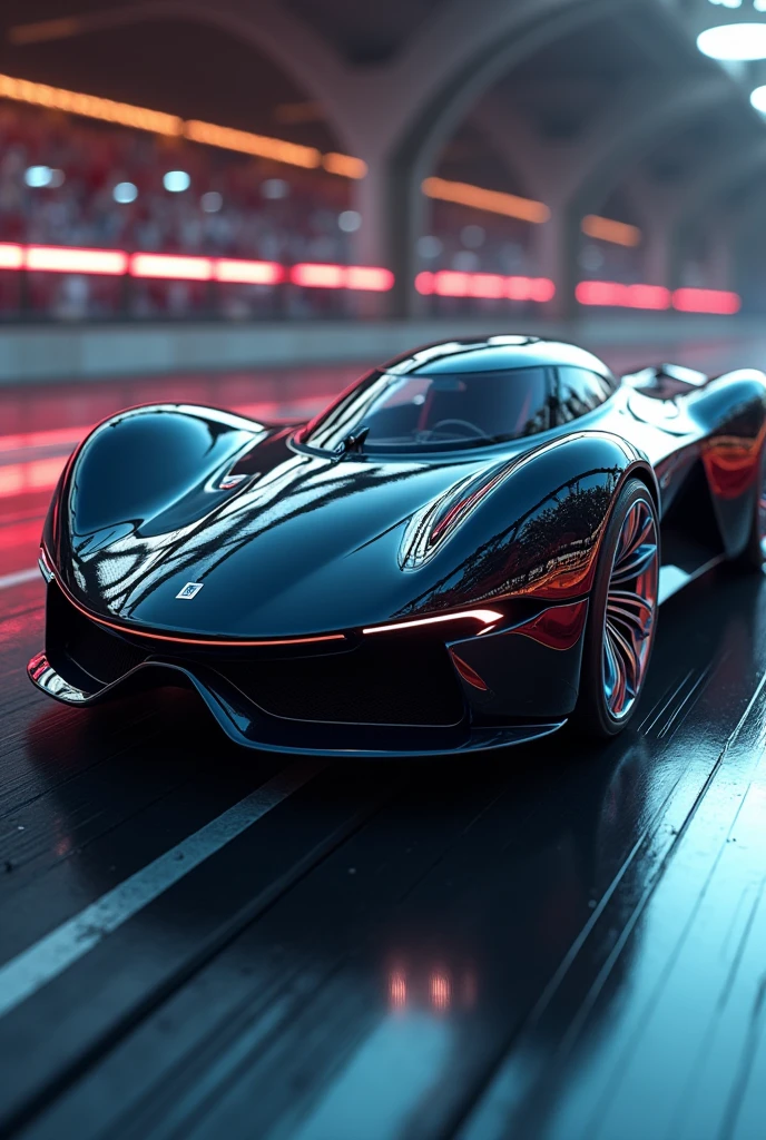 a detailed sleek futuristic sports car, high-end automotive design, smooth aerodynamic body, intricate wheel details, glossy metallic paint, dramatic lighting, ultra-realistic 3D rendering, photorealistic, cinematic angle, dynamic pose, best quality, 8k, hyper detailed, intricate engineering, glossy finish, sharp focus, physically-based rendering, vibrant colors, studio lighting