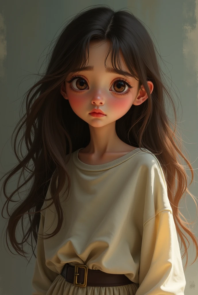 A girl with brown hair, long eyelashes, Red lips, with baggy clothes  and sad faces Disney Pixar 