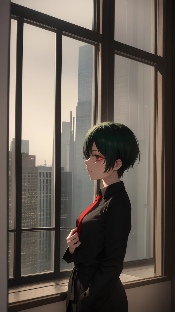 Girl with short green hair, with red eyes, looking out a window at the rain falling on the city, must be dressed in a black shirt with a yellow tie.