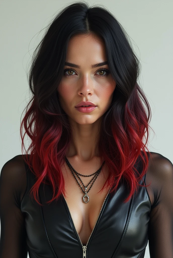 (photorealism:1.2), lexa doig as Rommie, black and Red hair, pout, neutral facial expression, frontal view, standing streight, high resolution, highly detailled,