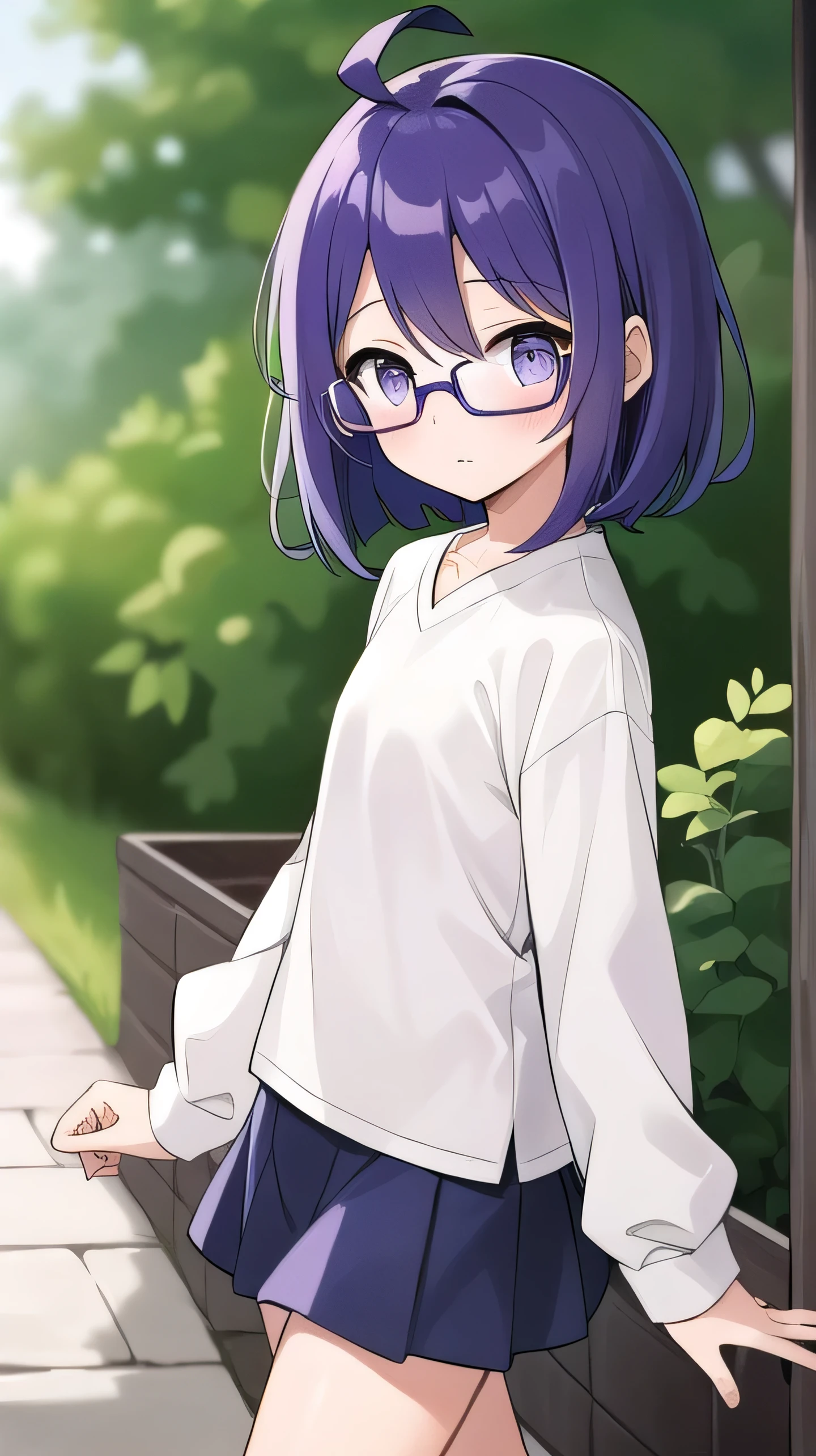 (Purple hair:1.4), gray eyes, white , navy blue miniskirt, 11 years old, short, short long hair, kind expression, shy, , almost no breasts, slightly exposed. hair,(flipped hair ), flipped hair, long sleeves, ahoge, girl alone, flipped hair, flipped hair, flipped hair, flipped hair, glasses with no edges, embarrassed, flat chest, beautiful eyes