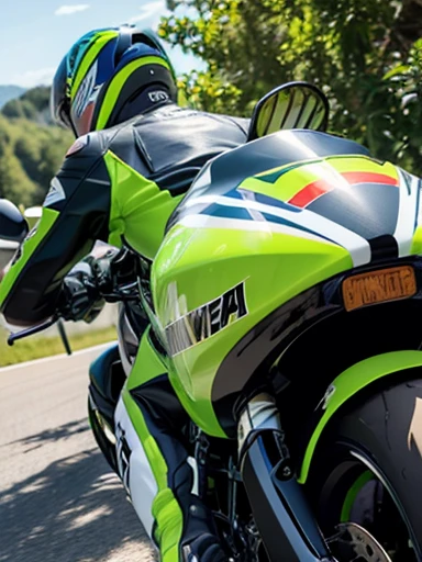 Kawasaki supersport motorcycle, cornering, woman hanging off, colorful racing suit,closeup shot, from below