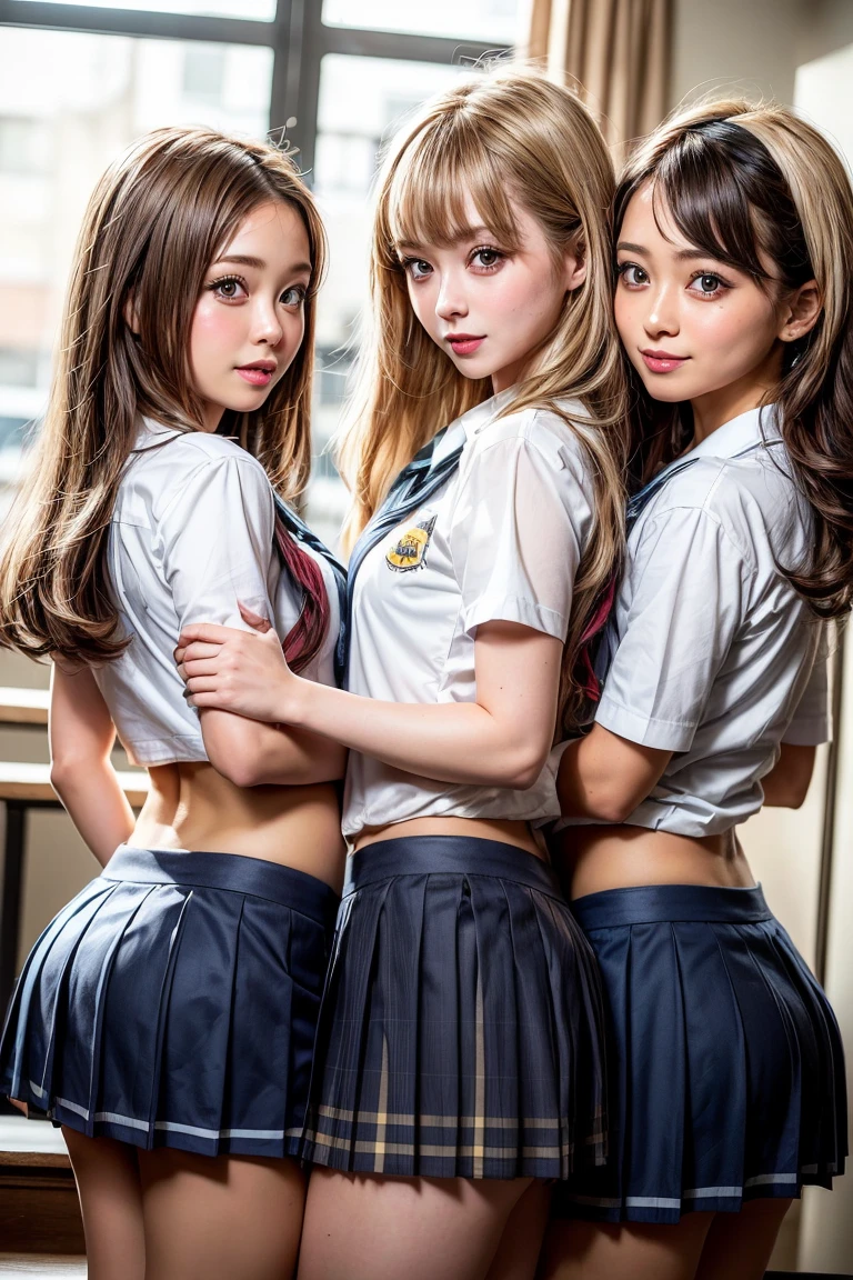nude,フルnude,Browsing Caution, ((masterpiece)), ((highest quality)), (Very detailed), ((cute)), cute, (Multi-point), ((sexy)), (device), ((Very detailed)), 4K, (8k), highest quality, (beautiful), hyper cute face, shape, Anime Style,hyper Genuineistic, Genuine, Dynamic Angle, ((whole body)), close, Thick outline, Clear contours, at school, (Three Girls, 3 cute girls:1.5), (Schoolgirl uniform :1.5), beautiful light brown hair, beautiful brown eyes, ((beautiful eyes)), (Leaning forward:1.5), short hair, Big Breasts, smile