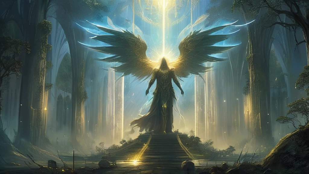 In a medieval dark fantasy scene, show Veridith, the grand Guardian of the skies, emerging from a grand cathedral situated in the heart of an ancient, dense forest. His body is bathed in golden light, and his massive silver wings spread wide, catching the light as he prepares to take flight. His pale blue eyes stand out against the dark, stormy sky. Surrounding him, towering trees and thick foliage create a mystical, shadowy atmosphere. The cathedral behind him is gothic and weathered, blending into the forest. The afternoon light filters through the trees, casting dramatic shadows and illuminating Veridith’s awe-inspiring presence as he ascends into the sky.